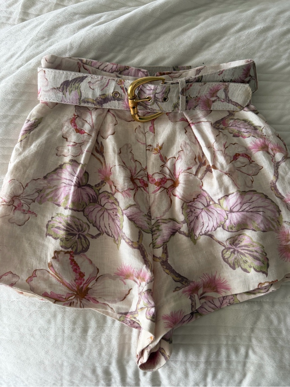 Zimmermann Pink Floral High-Waist Belted Shorts